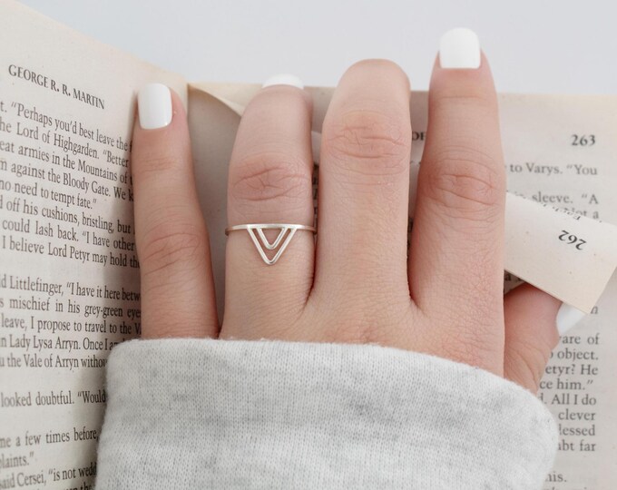 925 Sterling Silver Minimalist Ring, Double Triangle Ring, Women's Ring, Silver Rings, Bohemian Ring, Gift for Women.