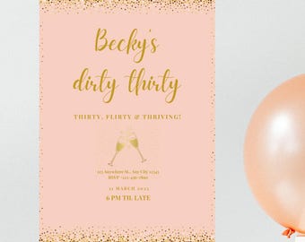 Invitación de cumpleaños número treinta, rosa y dorado, para celebrar los 30 años, rosa y dorado.