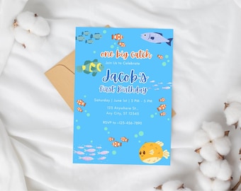 Invitación de cumpleaños de One Big Catch, invitación editable para el primer cumpleaños de Ofishally One, invitación editable para el primer cumpleaños, cumpleaños de pesca