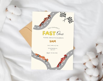Invitación electrónica rápida para el primer cumpleaños, fiesta de carreras vintage, Race On Over, invitación de coche de carreras EDITABLE, invitación de cumpleaños de coche de carreras imprimible