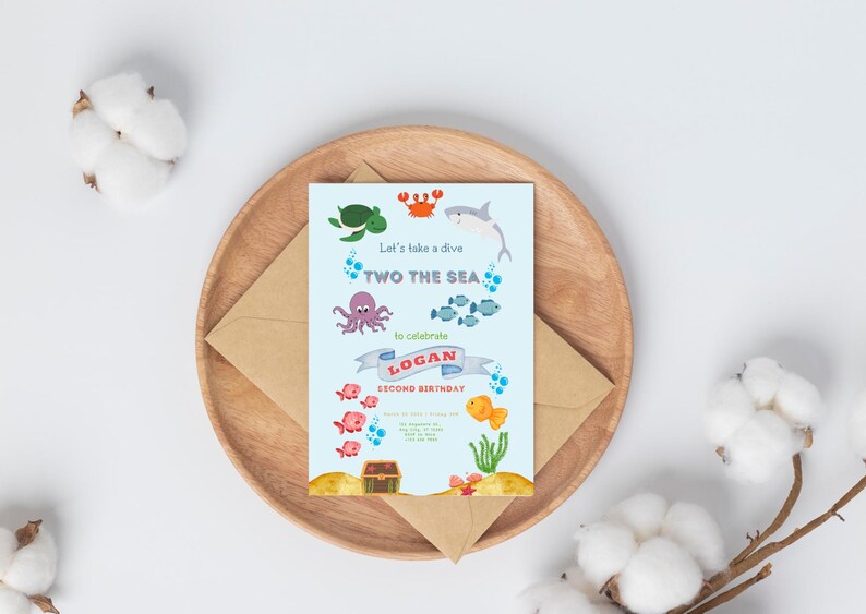 Two the Sea Under the Sea 2nd Birthday Ocean second birthday Editable 2nd birthday invitation Nautical Sealife Underwater invite
