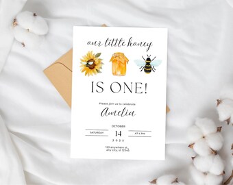 Nuestra pequeña miel es una invitación de primer cumpleaños, invitación de cumpleaños de abeja, invitación de dulce a una fiesta de abejas, primera fiesta de abejas de miel editable