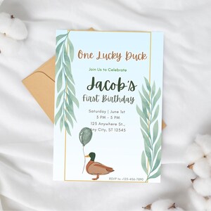 One Lucky Duck Birthday Invitation, Editable Mallard Duck Party Template, Neutral Kids First Birthday Invite, Duck birthday party