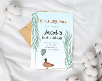 Invitación de cumpleaños de un pato afortunado, plantilla editable para fiesta de pato real, invitación neutral para el primer cumpleaños de niños, fiesta de cumpleaños de pato