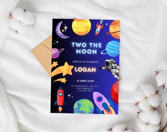 Two The Moon Birthday Invitation Outer Space 2nd Birthday Invite Galaxy Blast Off Printable Templates Digital Download