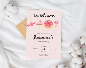 Invitación de cumpleaños para niña, primer cumpleaños, invitación para el primer cumpleaños de una niña, invitación para el primer cumpleaños de una niña, tema de donut editable