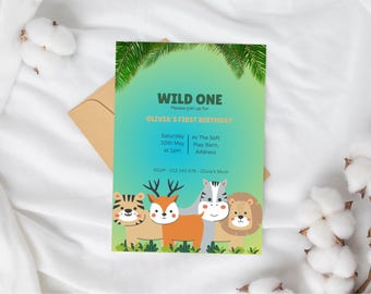 Invitación para fiesta de primer cumpleaños de Wild One, invitación de cumpleaños de animales de la jungla, plantilla de invitación para fiesta de cumpleaños de animales de safari, editable, digital