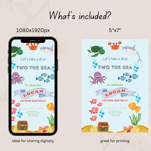 Two the Sea Under the Sea 2nd Birthday Ocean second birthday Editable 2nd birthday invitation Nautical Sealife Underwater invite