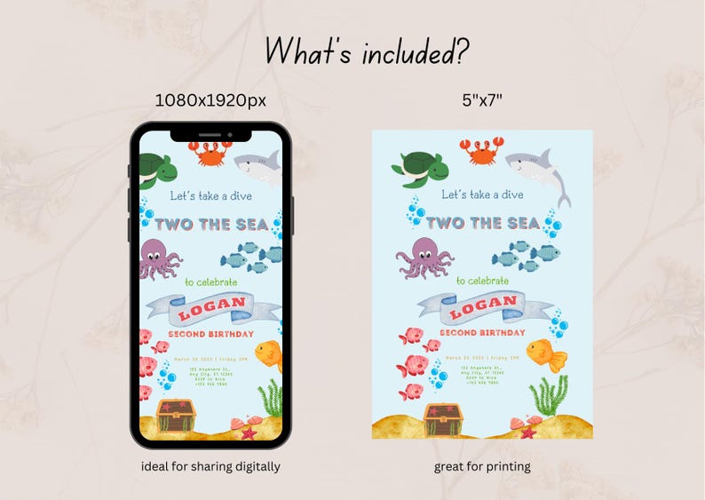 Two the Sea Under the Sea 2nd Birthday Ocean second birthday Editable 2nd birthday invitation Nautical Sealife Underwater invite