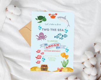 Dos el mar bajo el mar 2do cumpleaños Océano segundo cumpleaños Invitación editable para el segundo cumpleaños Invitación náutica de vida marina bajo el agua