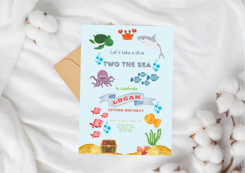Two the Sea Under the Sea 2nd Birthday Ocean second birthday Editable 2nd birthday invitation Nautical Sealife Underwater invite