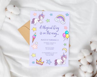 Plantilla de invitación para el primer cumpleaños de unicornio mágico Globos de estrellas de arcoíris Invitación para fiesta de primer cumpleaños de unicornio Editable Imprimible