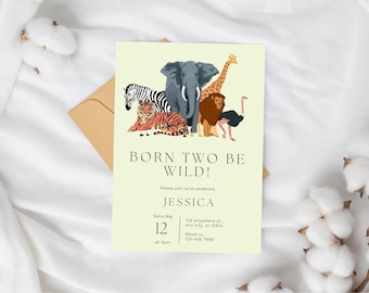 Born Two Be Wild Birthday Invitation Safari 2nd Birthday Invite Two Wild Jungle Animal Second bday Invitation Editable Printable Template