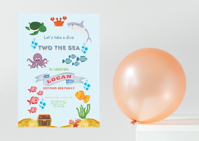 Two the Sea Under the Sea 2nd Birthday Ocean second birthday Editable 2nd birthday invitation Nautical Sealife Underwater invite