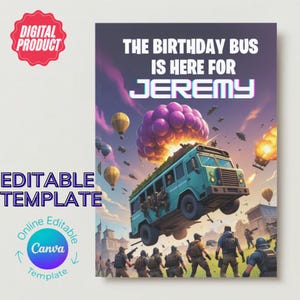 Carte d'anniversaire Battle B, carte d'anniversaire de bus pour joueur, carte de fête de jeu vidéo, modèle numérique modifiable FortN, téléchargement immédiat, carte imprimable FN