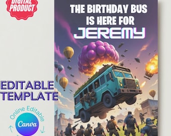 Tarjeta de cumpleaños para gamer, autobús de videojuegos, plantilla editable de FortN (descarga digital)