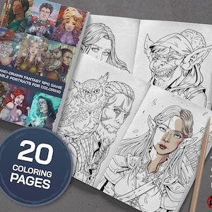Malbuch mit 20 handgezeichneten Fantasy-Rollenspielportraits zum Ausdrucken. Dungeons & Dragons Malbuch zum Ausdrucken. Fantasy-Malbuch. Keine KI.