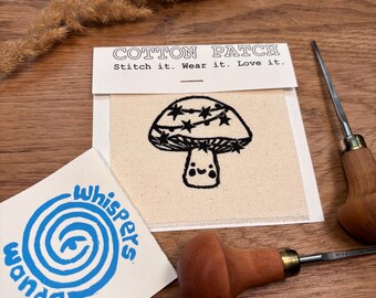 Patch "Funky Funghi" – Magische handbedrukte paddenstoelenpatch | Handgemaakte katoenen patch om te naaien | Bos- en boho-decoratie