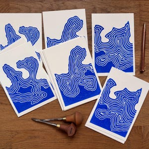 3 stampe linoleografiche fatte a mano, set di cartoline - "Onde" - piccole opere d'arte originali in formato cartolina