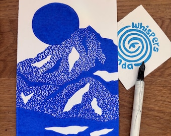 handmade linoleum print, postcard - “blue mountain” - small original artwork in postcard format
