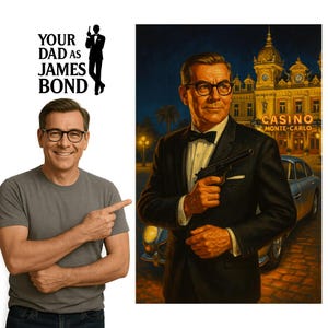 Seu pai como James Bond em cenas icônicas - Retrato personalizado de James Bond para o pai - Arte digital