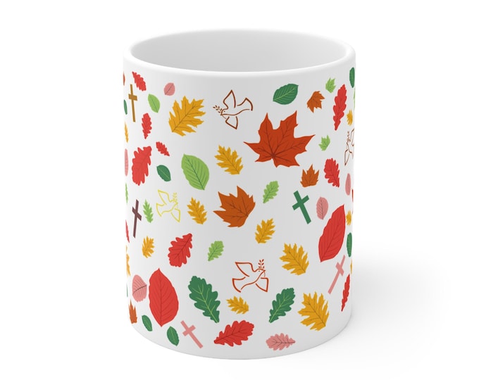 Fall Season & God White Ceramic Mug, 11oz - Autumn Coffee Cup, Religious Tea Mug, Harvest Season Drinkware, Thanksgiving Gift, Christian