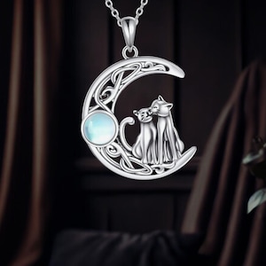Moonstone Cat Moon Necklace 925 Sterling Silver I Love You Jewelry for Women