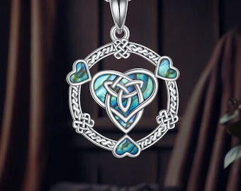 Collar de corazón celta de plata de ley 925 con nudo celta de concha de abulón para mujer