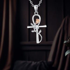 Ankh Cross Rose Necklace 925 Sterling Silver Cubic Zirconia Ankh Jewelry Christian Necklace For Women