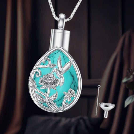Hummingbird Teardrop Urn Necklace 925 Sterling Silver Rose