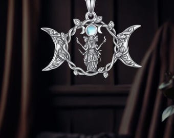 Hecate Triple Moon Goddess Necklace Moonstone 925 Sterling Silver Jewelry For Women