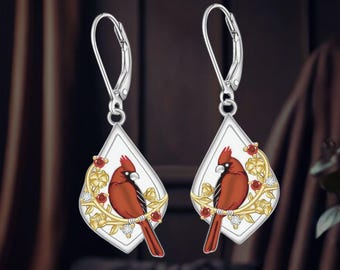 Red Cardinal Earrings 925 Sterling Silver Cardinal Teardrop Earrings Jewelry for Women