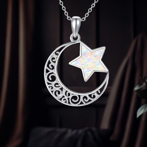 Star And Moon Necklace 925 Sterling Silver Opal Pendant Necklace For Women