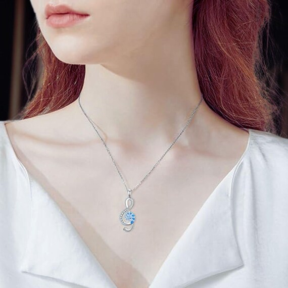 FLPRUY Collana Con Nota Musicale E Cristallo Blu In Argento Sterling 925, Catena 45+5 Cm - 2