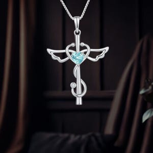 Stethoscope Angel Wings Necklace 925 Sterling Silver Cubic Zirconia Medical Jewelry Christian Necklace For Women Nurse Doctor Graduation