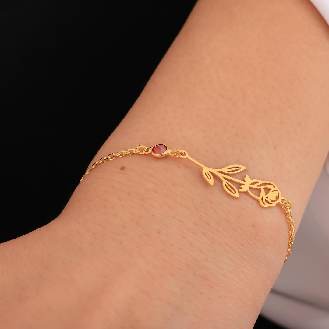 Personalized Birthday Flower Birthstone Bracelet