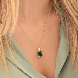 Gold Plated Emerald Necklace: Sterling Silver Rectangle Pendant
