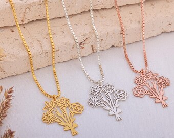 Personligt halsband med blombukett för födelsedagen: Anpassat familjeminne