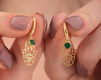 Hamsa Birthstone Earrings, Hand of Fatima Boho Jewelry
