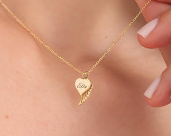 Personalized Angel Wing Heart Necklace, Memorial Name Pendant