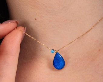 Blue Enamel Evil Eye Necklace: Boho Protective Charm Pendant