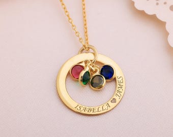 Personalized Birthstone Circle Necklace: Silver Family Pendant, Gift for Mom