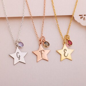 Colar de estrela personalizado com letras gravadas em prata 925, colar com inicial de estrela e pedra de nascimento, colar com nome personalizado banhado a ouro, presente para ela