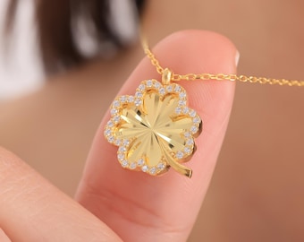Gold Clover Necklace with Zircon, Good Luck Charm