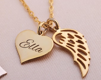 Personalized Angel Wing Heart Necklace, Memorial Name Pendant
