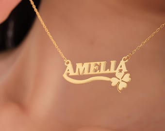 Collier prénom personnalisé trèfle à quatre feuilles, argent sterling ou plaqué or