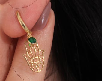 Birthstone Hamsa Earrings, Hand of Fatima Dangle Earrings
