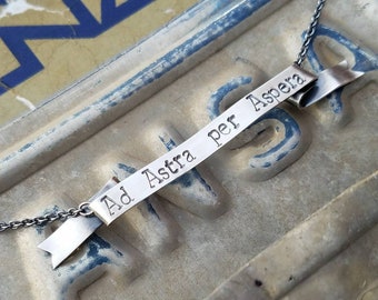 Ad Astra per Aspera -- Sterling Silver Banner Necklace -- Kansas State Motto -- Handmade and Hand Stamped -- Oxidized