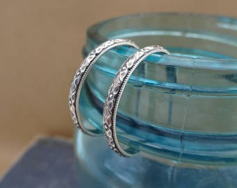 Oxidized Sterling Silver Hoop Earrings -- Diamond Floral -- Handcrafted -- Dark Finish