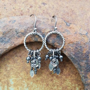 Lila Oxidized Sterling Silver Earrings with Charms Handcrafted Fine Silver Rose image 1